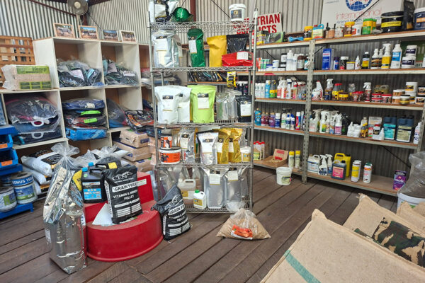 Inside shop looking at stocked shelves at Gidgegannup Produce & Saddlery